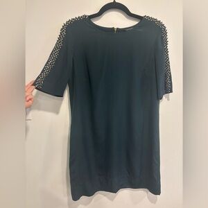 Club Monaco Silk Forest Green-Blue Shift Dress with Beaded Shoulders – Size 4